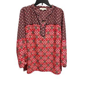 LOFT Plus Red Print V-Neck Tunic Top 16